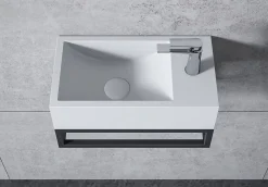 Bernstein Vasque murale suspendue design 44x22x10cm en fonte minérale - Blanc mat, Avec bonde et cache blanc, Rangement droite, Avec Console