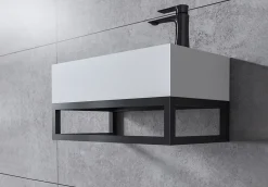 Bernstein Vasque murale suspendue design 44x22x10cm en fonte minérale - Blanc mat, Avec bonde et cache blanc, Rangement droite, Avec Console