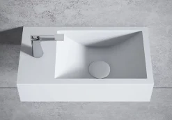 Bernstein Vasque murale suspendue design 44x22x10cm en fonte minérale - Blanc mat, Avec bonde et cache blanc, Rangement gauche, Sans console