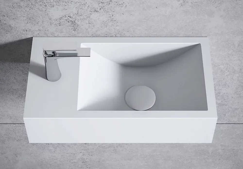 Bernstein Vasque murale suspendue design 44x22x10cm en fonte minérale - Blanc mat, Avec bonde et cache blanc, Rangement gauche, Sans console