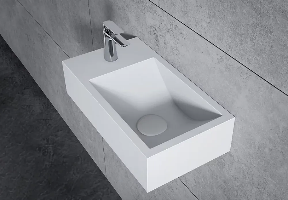 Bernstein Vasque murale suspendue design 44x22x10cm en fonte minérale - Blanc mat, Avec bonde et cache blanc, Rangement gauche, Sans console