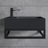 Lavabo|Bernstein Vasque murale suspendue design 44x22x10cm en fonte minérale - Avec bonde et cache, Rangement gauche, Quartz noir, Avec Console