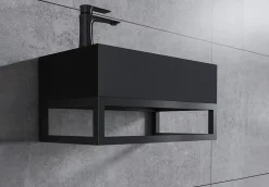 Lavabo|Bernstein Vasque murale suspendue design 44x22x10cm en fonte minérale - Avec bonde et cache, Rangement gauche, Quartz noir, Avec Console