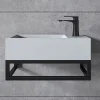 Lavabo|Bernstein Vasque murale suspendue design 44x22x10cm en fonte minérale - Blanc mat, Avec bonde, Sans cache, Rangement droite, Avec Console