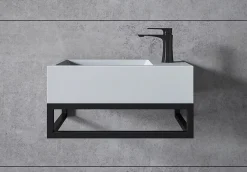 Lavabo|Bernstein Vasque murale suspendue design 44x22x10cm en fonte minérale - Blanc mat, Avec bonde, Sans cache, Rangement droite, Avec Console