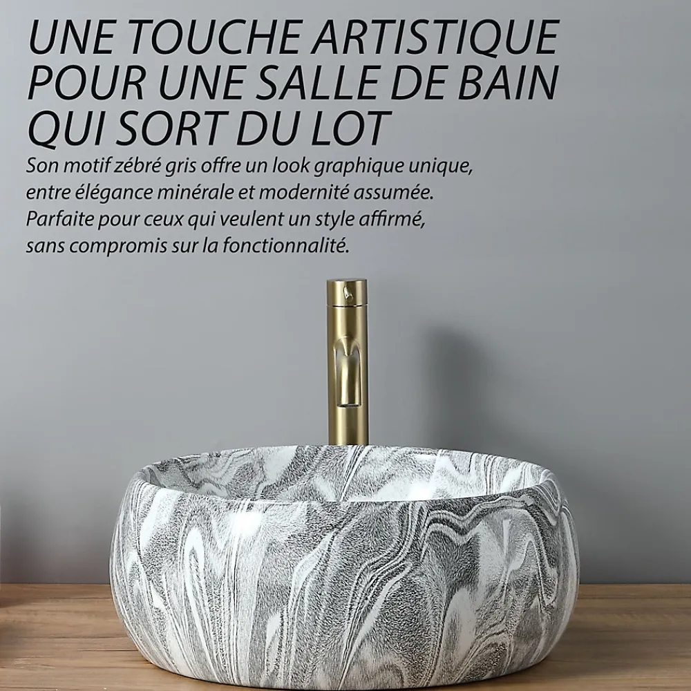 Vasque À Poser|Dileci Vasque ronde creuse effet gris zébré (diamètre 40 cm) -