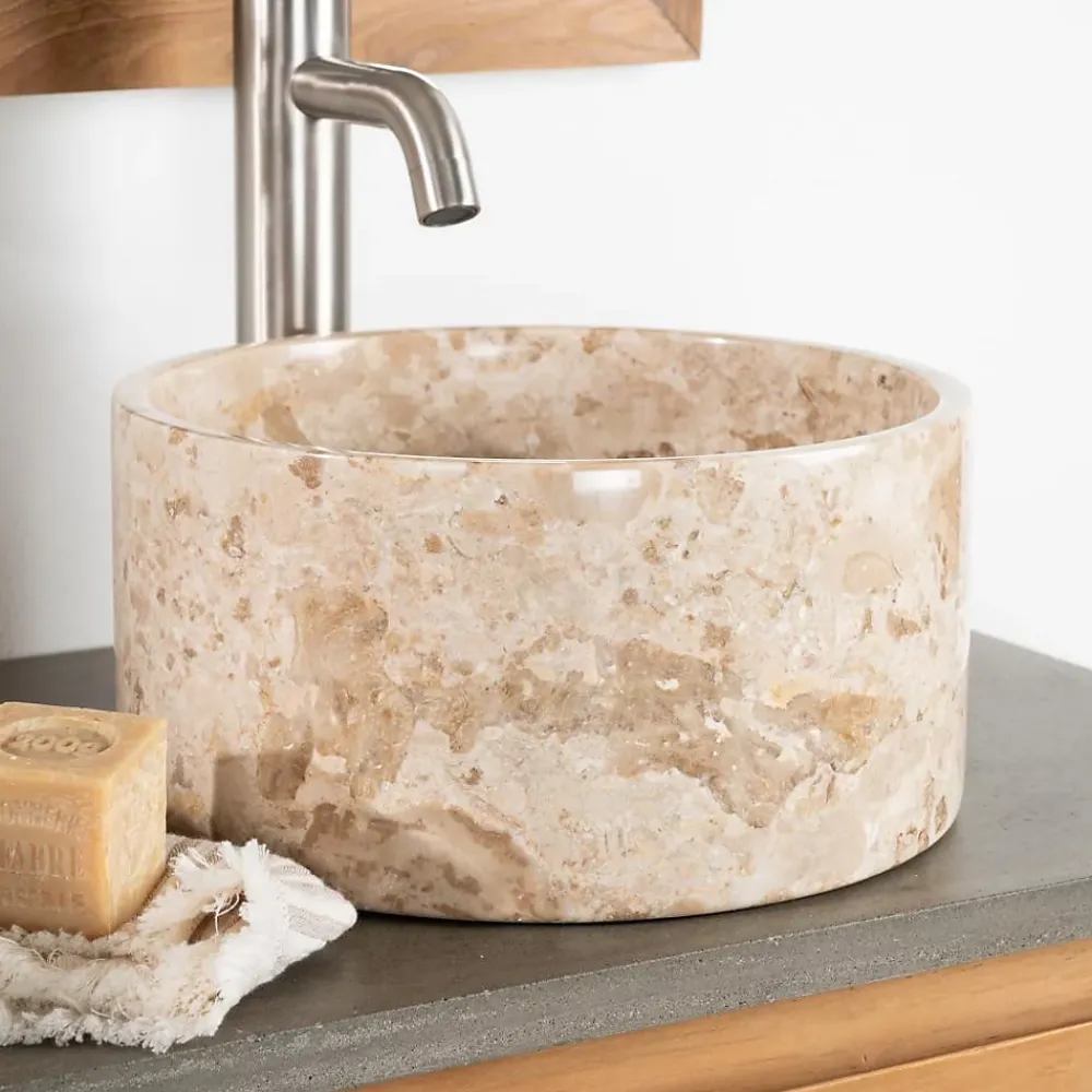 Wanda Collection Vasque salle de bain ronde à poser en marbre Ulysse 30 cm crème