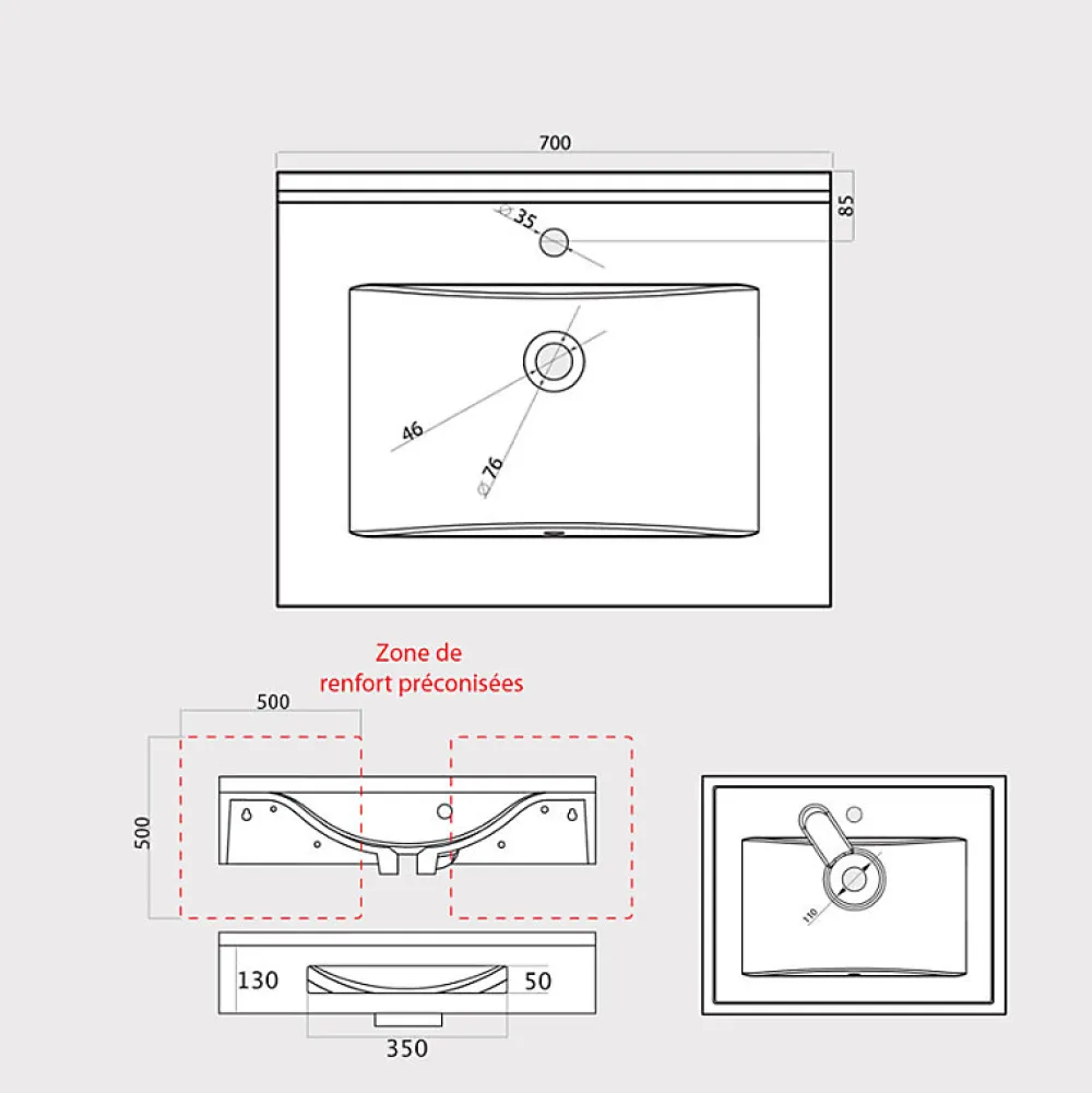 Plan Vasque Lave-Mains|Cuisibane Vasque suspendue carrée EVIDENCE 70 cm - blanc
