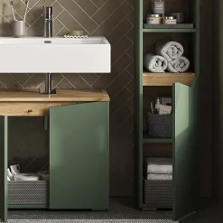 Colonne De Salle De Bains|Vicco Vert/Artisan 30x180cm avec portes et compartiments ouverts