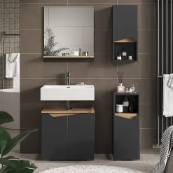 Armoire De Salle De Bains|Vicco Armoire de Anthracite 30x67cm avec porte et compartiment ouvert