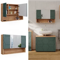 Armoire De Toilette|Vicco Armoire de salle de bain avec miroir Vert/force de lor Chêne 80.1x55cm