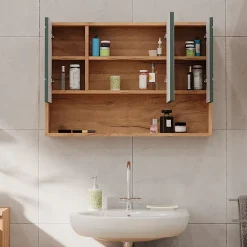 Armoire De Toilette|Vicco Armoire de salle de bain avec miroir Vert/force de lor Chêne 80.1x55cm