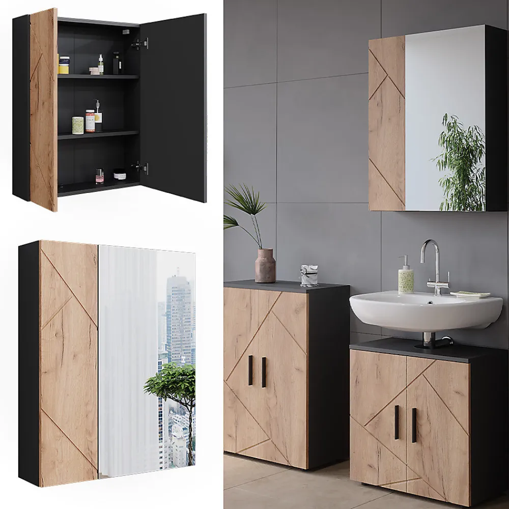 Vicco Armoire de toilette avec miroir Anthracite/chêne doré 60x75cm