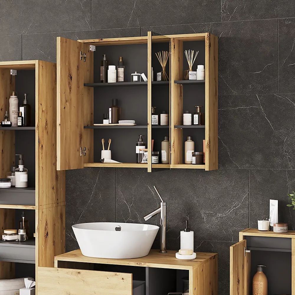 Vicco Armoire de toilette Artisan/gris 80x75cm avec des étagères ouvertes