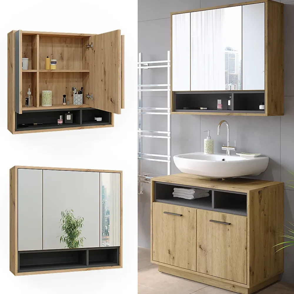 Armoire De Toilette|Vicco Armoire de toilette Chêne Artisan/Anthracite 80x72cm