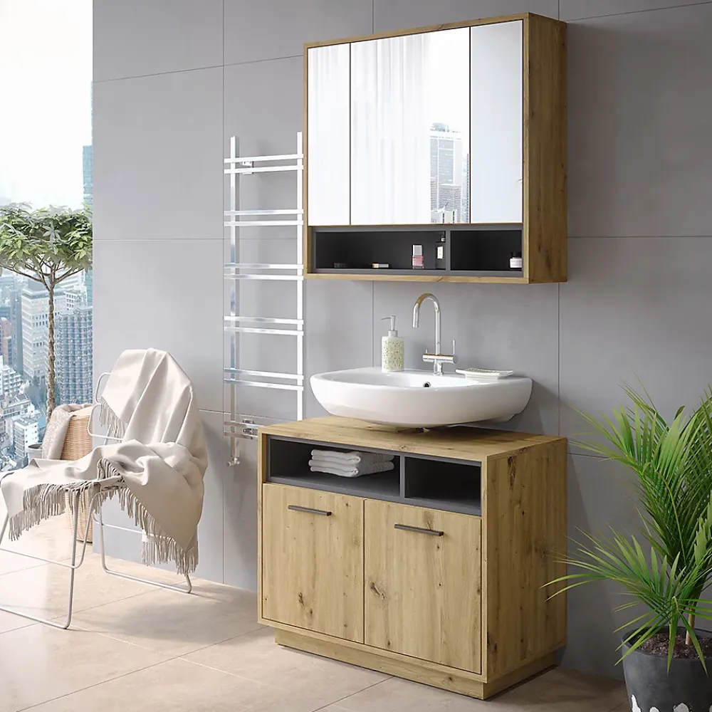 Armoire De Toilette|Vicco Armoire de toilette Chêne Artisan/Anthracite 80x72cm