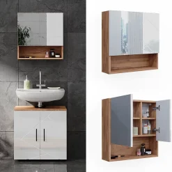 Armoire De Toilette|Vicco Armoire de toilette Blanc brillant/Chêne doré 54x55cm