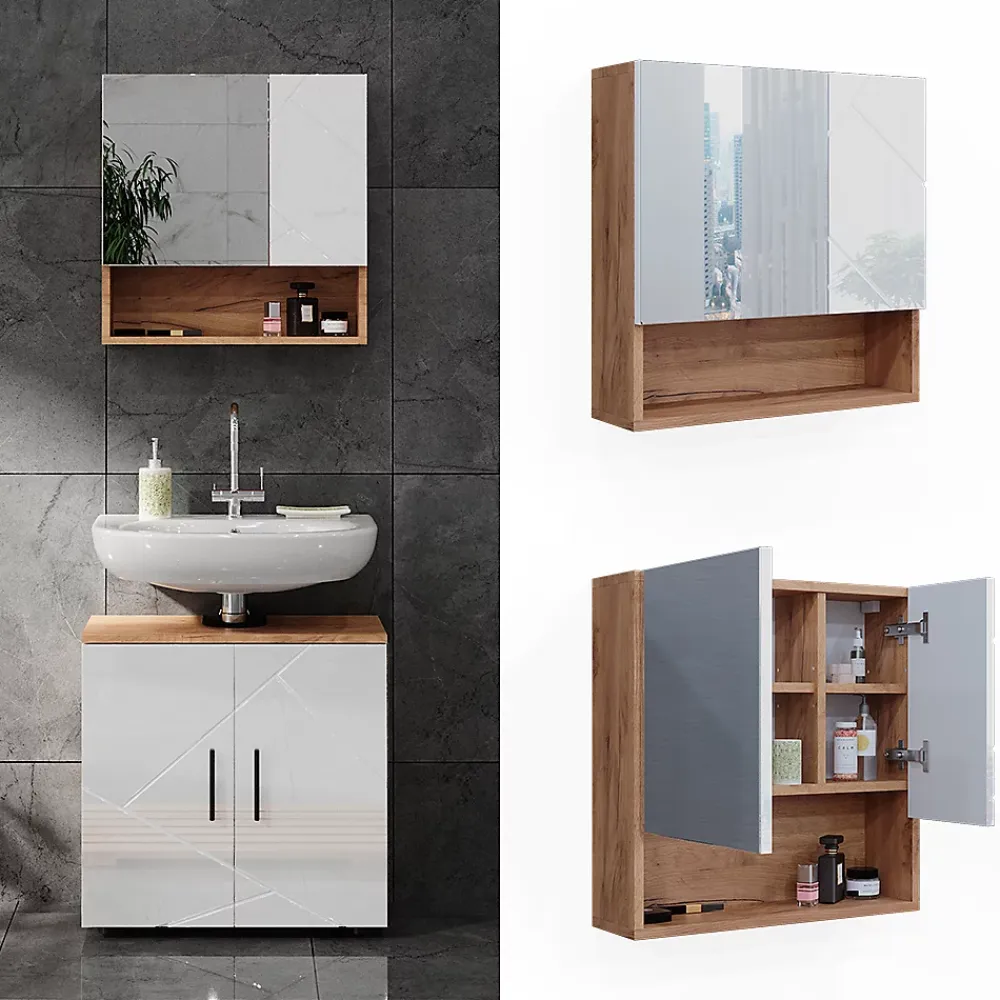 Armoire De Toilette|Vicco Armoire de toilette Blanc brillant/Chêne doré 54x55cm