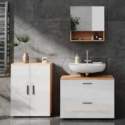 Armoire De Toilette|Vicco Armoire de toilette Blanc brillant/Chêne doré 54x55cm