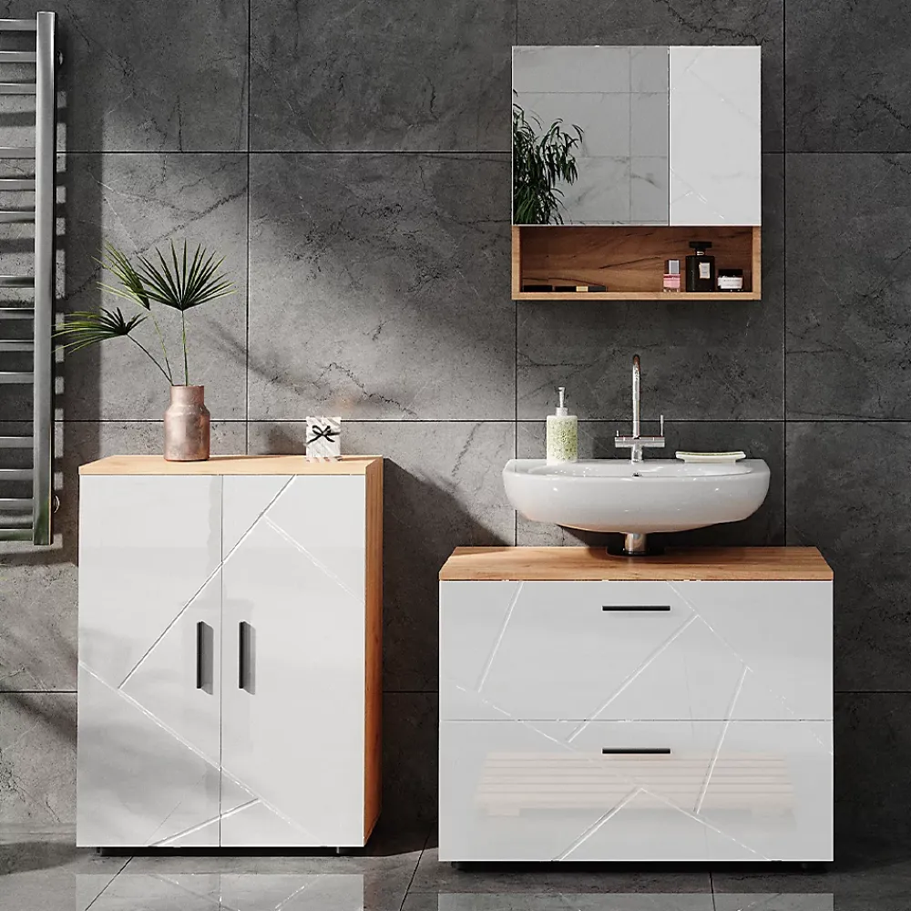 Armoire De Toilette|Vicco Armoire de toilette Blanc brillant/Chêne doré 54x55cm