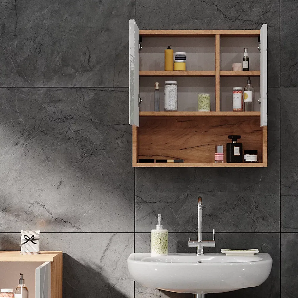 Armoire De Toilette|Vicco Armoire de toilette Blanc brillant/Chêne doré 54x55cm