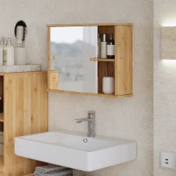 Armoire De Toilette|Vicco Armoire de toilette Bambou 55x40cm avec 2 portes coulissantes