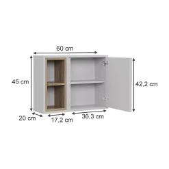 Armoire De Toilette|Vicco Armoire de toilette blanc/chêne 60x45cm avec 2 compartiments ouverts et 1 porte