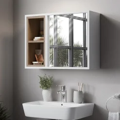 Armoire De Toilette|Vicco Armoire de toilette blanc/chêne 60x45cm avec 2 compartiments ouverts et 1 porte