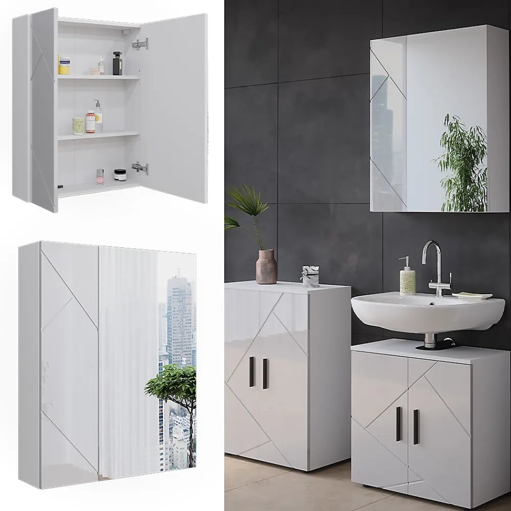 Armoire De Toilette|Vicco Armoire de toilette Blanc Haute brillance 60x75cm