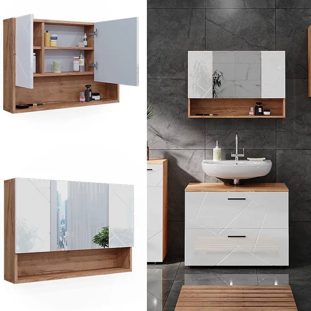 Armoire De Toilette|Vicco Armoire de toilette Blanc brillant/Chêne doré 17x55cm
