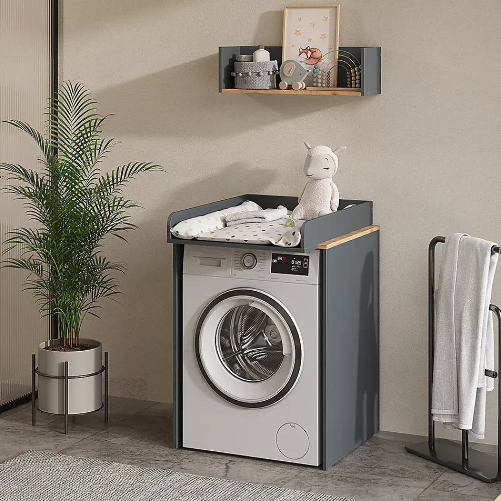 Meuble Wc|Vicco Armoire machine à laver Anthracite/chêne doré 68x88.2cm 2 pièces avec plan à langer