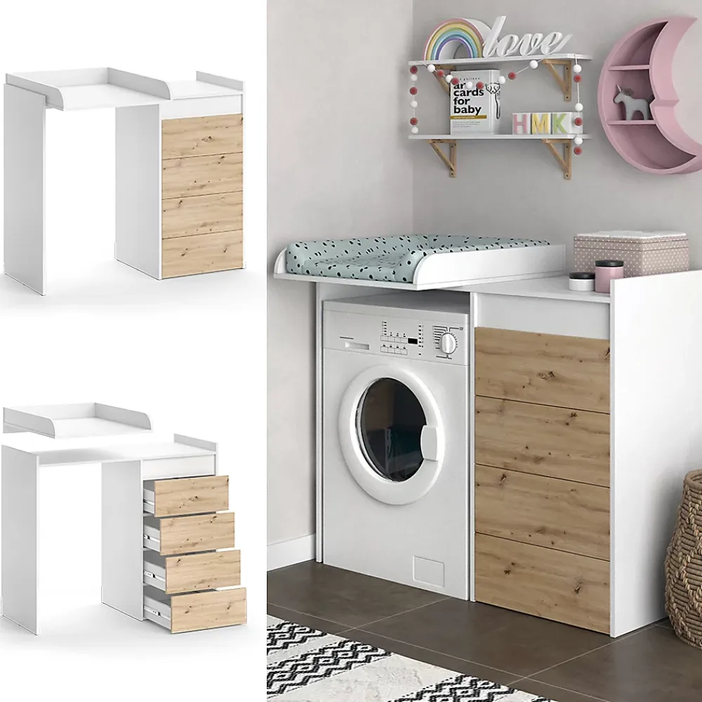 Meuble Wc|Vicco Armoire machine à laver Blanc 116x98cm avec 4 tiroirs
