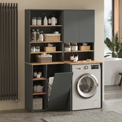 Meuble Wc|Vicco Armoire machine à laver Anthracite/chêne doré 66x88.2cm 2 parties avec étagère