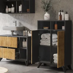 Armoire De Salle De Bains|Vicco Armoire Midischrank Anthracite/Chêne de montagne 60x97cm avec 2 portes