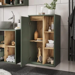 Armoire De Salle De Bains|Vicco Armoire Midischrank Vert/Artisan 50x86cm avec des étagères ouvertes