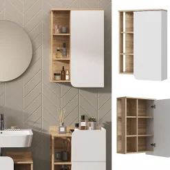 Vicco Armoire murale Sonoma/blanc 50x75cm avec porte et compartiments ouverts