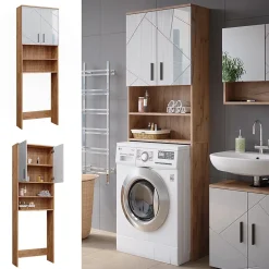 Meuble Wc|Vicco Armoire pour machine à laver Blanc brillant/Chêne doré 64x190.5cm