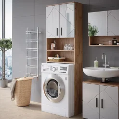 Meuble Wc|Vicco Armoire pour machine à laver Blanc brillant/Chêne doré 64x190.5cm