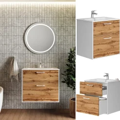 Vicco Ensemble de meubles de salle de bains Chêne blanc/force de lor 61x61.5cm avec lavabo