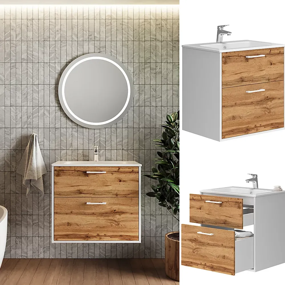 Vicco Ensemble de meubles de salle de bains Chêne blanc/force de lor 61x61.5cm avec lavabo