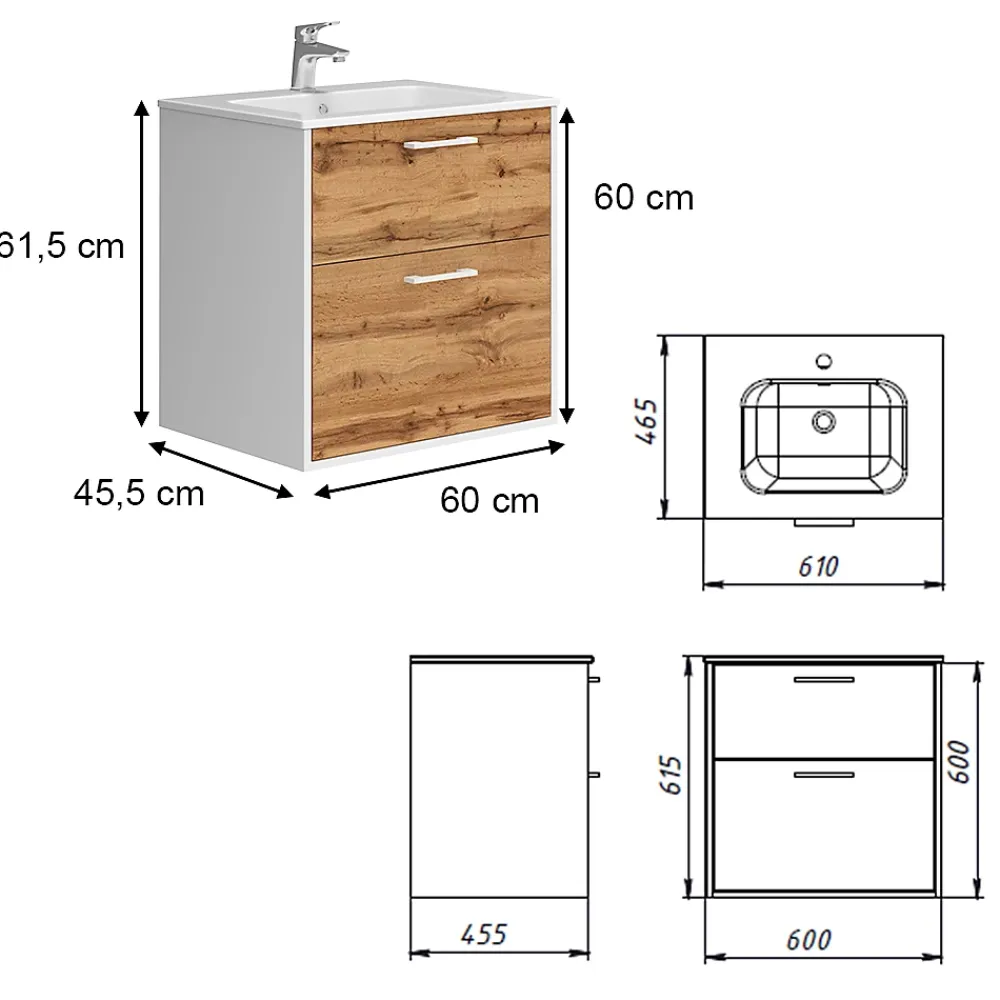 Vicco Ensemble de meubles de salle de bains Chêne blanc/force de lor 61x61.5cm avec lavabo
