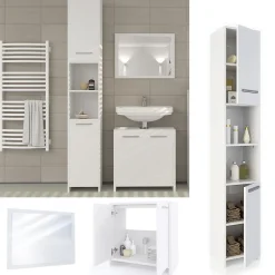 Ensemble Meuble De Salle De Bains|Vicco Ensemble de meubles de salle de bain Blanc 3 pièces, avec armoire haute