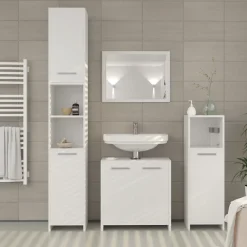Ensemble Meuble De Salle De Bains|Vicco Ensemble de meubles de salle de bain Blanc 3 pièces, avec armoire haute