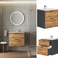 Lave-Mains|Vicco Ensemble de meubles de salle de bains Anthracite/chêne doré 61x61.5cm avec lavabo