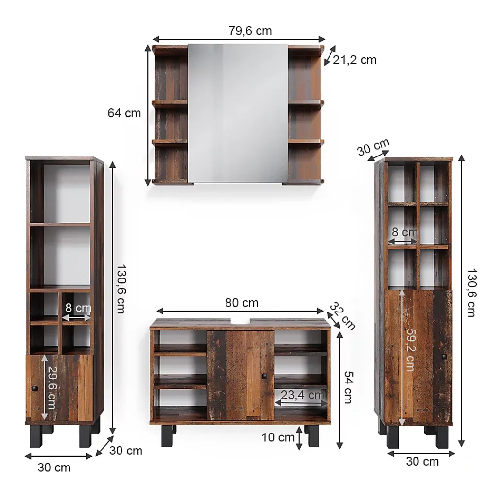 Vicco Ensemble de meubles de salle de bain Chêne rustique 4 pièces, avec armoire haute