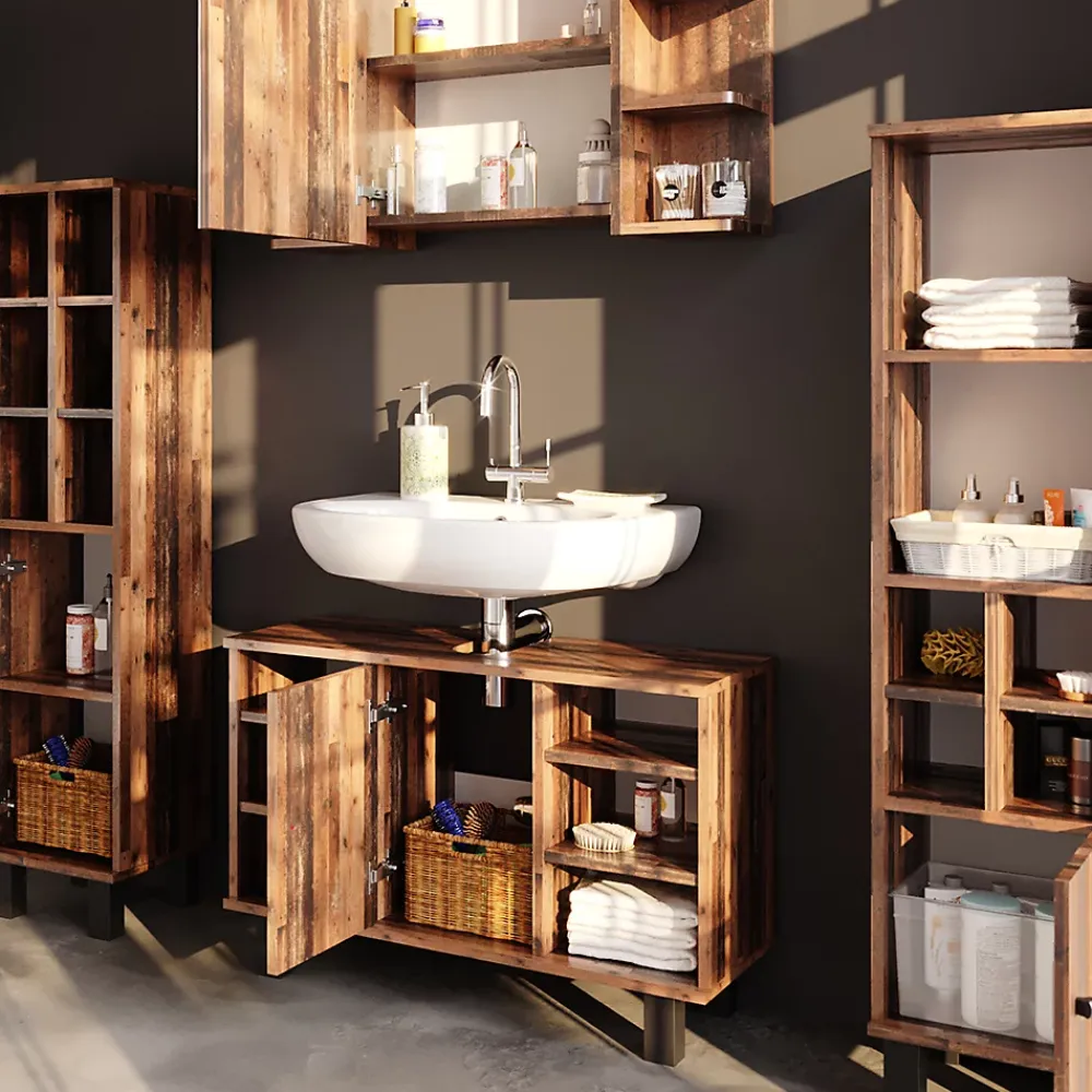 Vicco Ensemble de meubles de salle de bain Chêne rustique 4 pièces, avec armoire haute