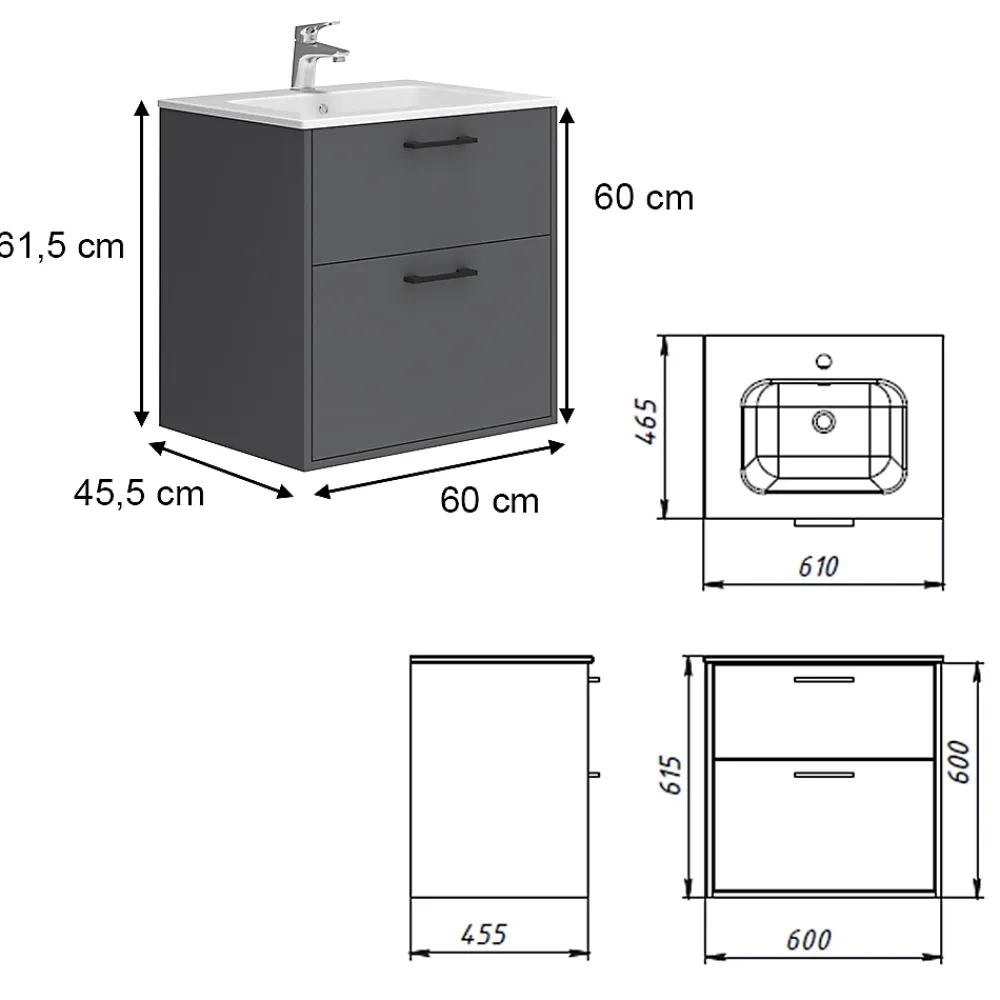 Lave-Mains|Vicco Ensemble de meubles de salle de bains Anthracite 61x61.5cm avec lavabo