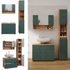 Ensemble Meuble De Salle De Bains|Vicco Ensemble meubles bain Vert/force de lor Chêne 3 pièces, avec armoire de toilette 80 cm