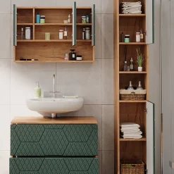Ensemble Meuble De Salle De Bains|Vicco Ensemble meubles bain Vert/force de lor Chêne 3 pièces, avec armoire de toilette 80 cm