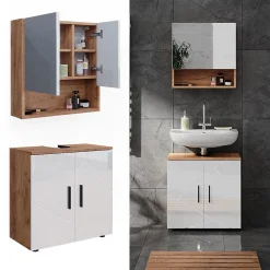 Ensemble Meuble De Salle De Bains|Vicco Ensemble meubles bain Blanc brillant/Chêne doré 2 pièces, armoire basse 60 cm